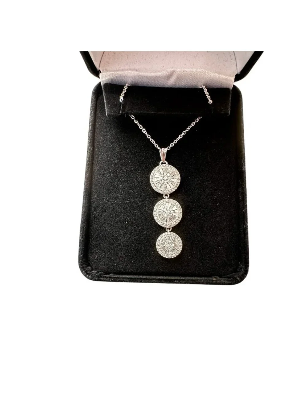 Outrageous 14K White Gold Triple Baguette Round Diamond Cluster Pendant Necklace